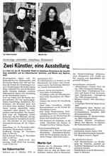 Anzeiger Michelsamt über die Ausstellung Entnettet, Ivo Habermacher und Martin Gut, Zeichen und Malerei vom 15. November 2001.