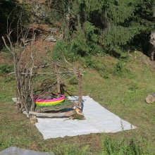 Landartbühne mit Baumhaut in Planschbecken auf Brennnessel gebettet, eine Kunstinstallation von Martin Gut, 2023