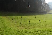 Sechzehn verkehrte Bäume und drei Vierecke, Landart von Martin Gut auf Noseland, 2014